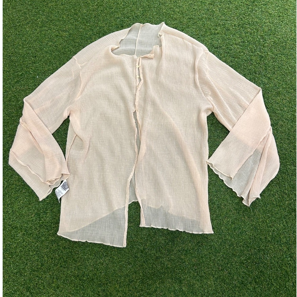 Womens Plisse Sheer Blouse Cream Long Bell Sleeve Button Front Top Size M